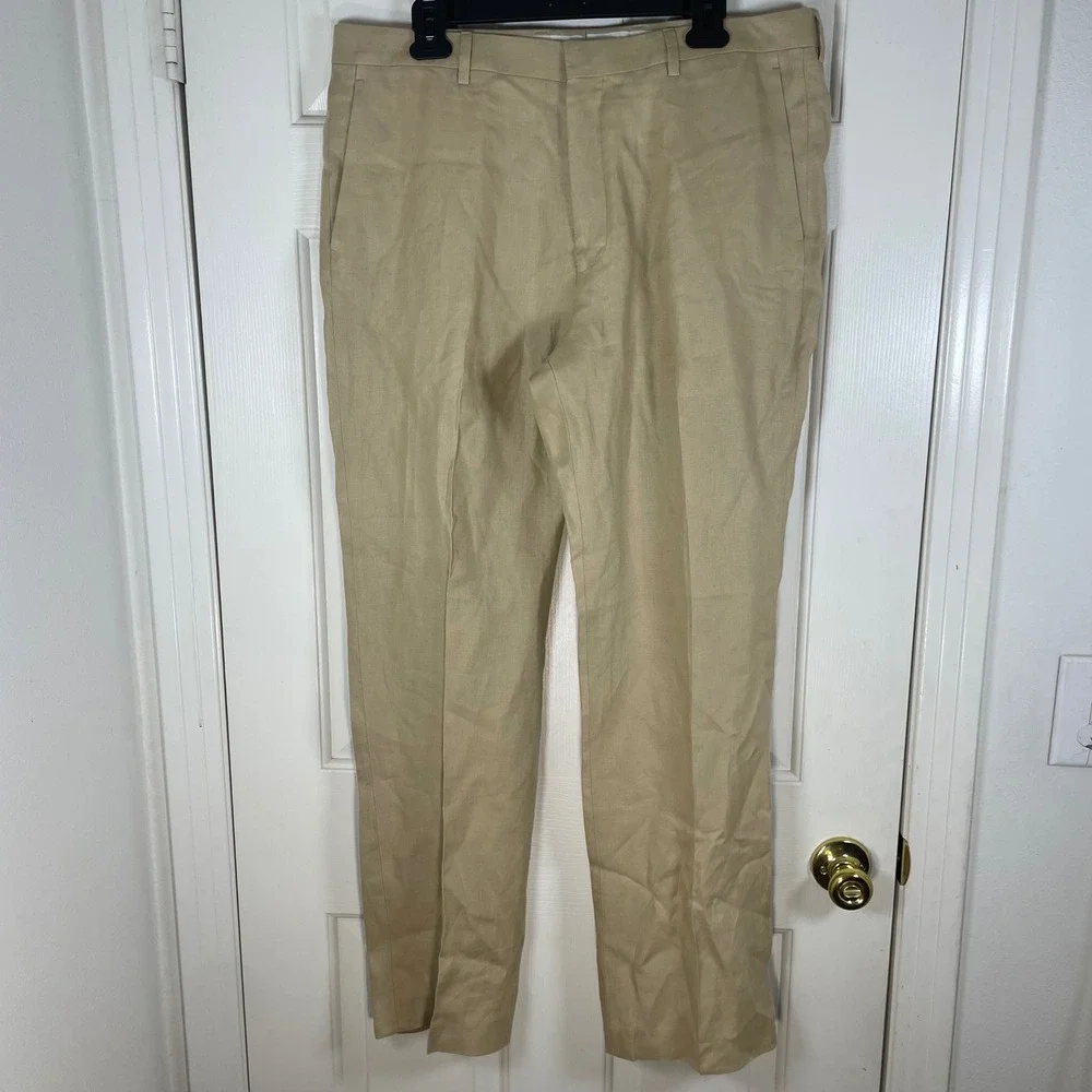 J.Crew Mens 100% Irish Linen Dress Pants Tan Khaki Flat Front 36x32 Summer READ